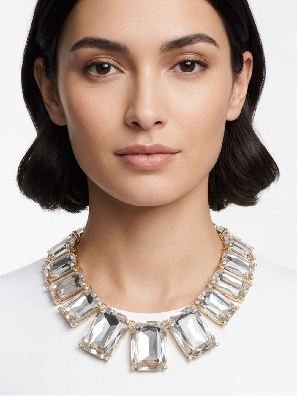 Piper K Statement Necklace Clear CZ Glass Stones Gold Tone 16” + 3” NWT $189